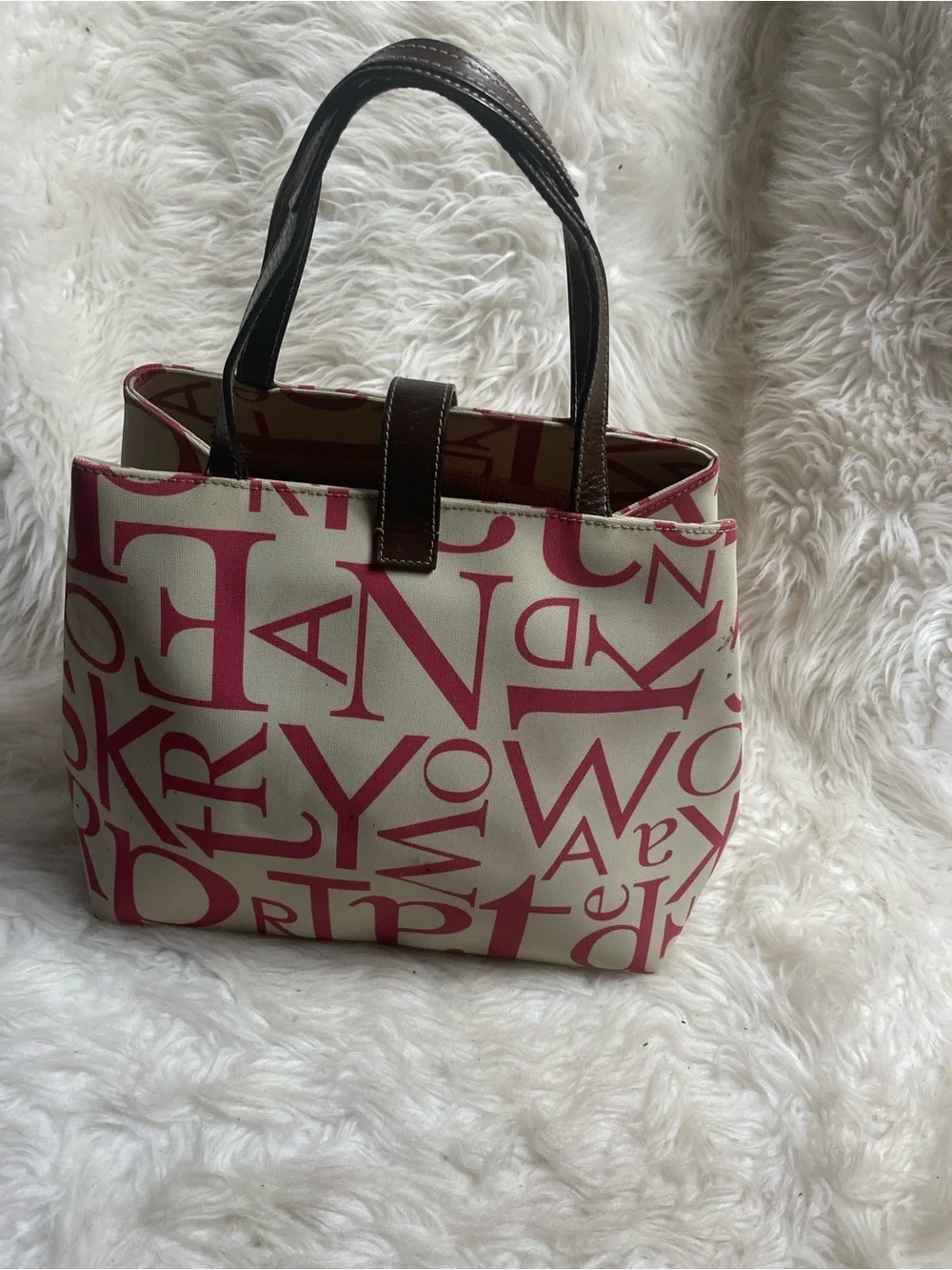 Kate Spade Beige & hot Pink Printed Canvas satchel with leather Brown Handles